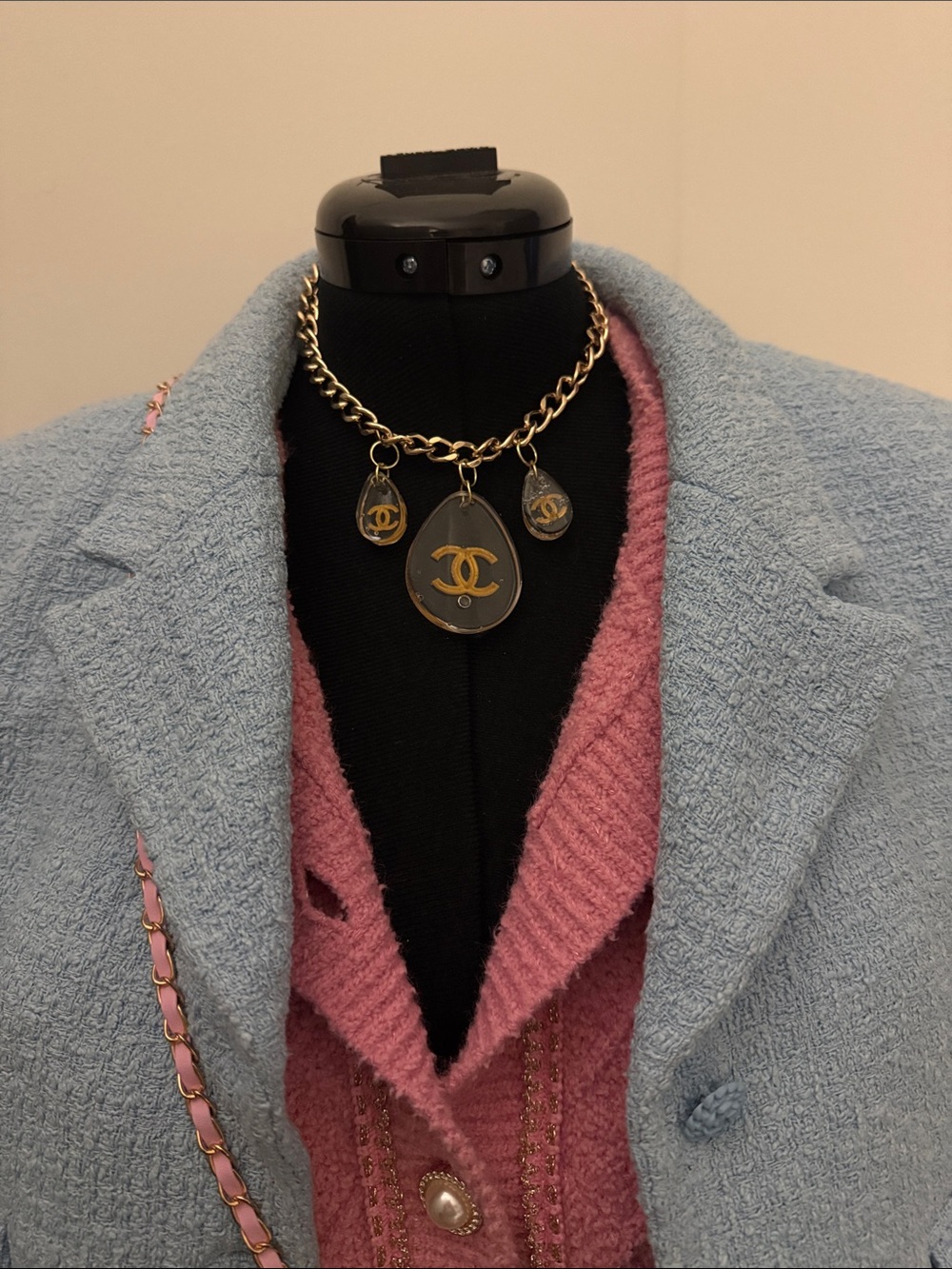 Bold Gold-Tone Chain Necklace with Black Enamel CC Pendants